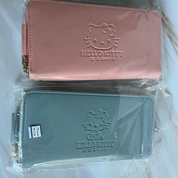 2 Sets Hello Kitty Graphic Logo Women's Wristlet Purse Wallet Blue & Blush Pink - Picture 4 of 8